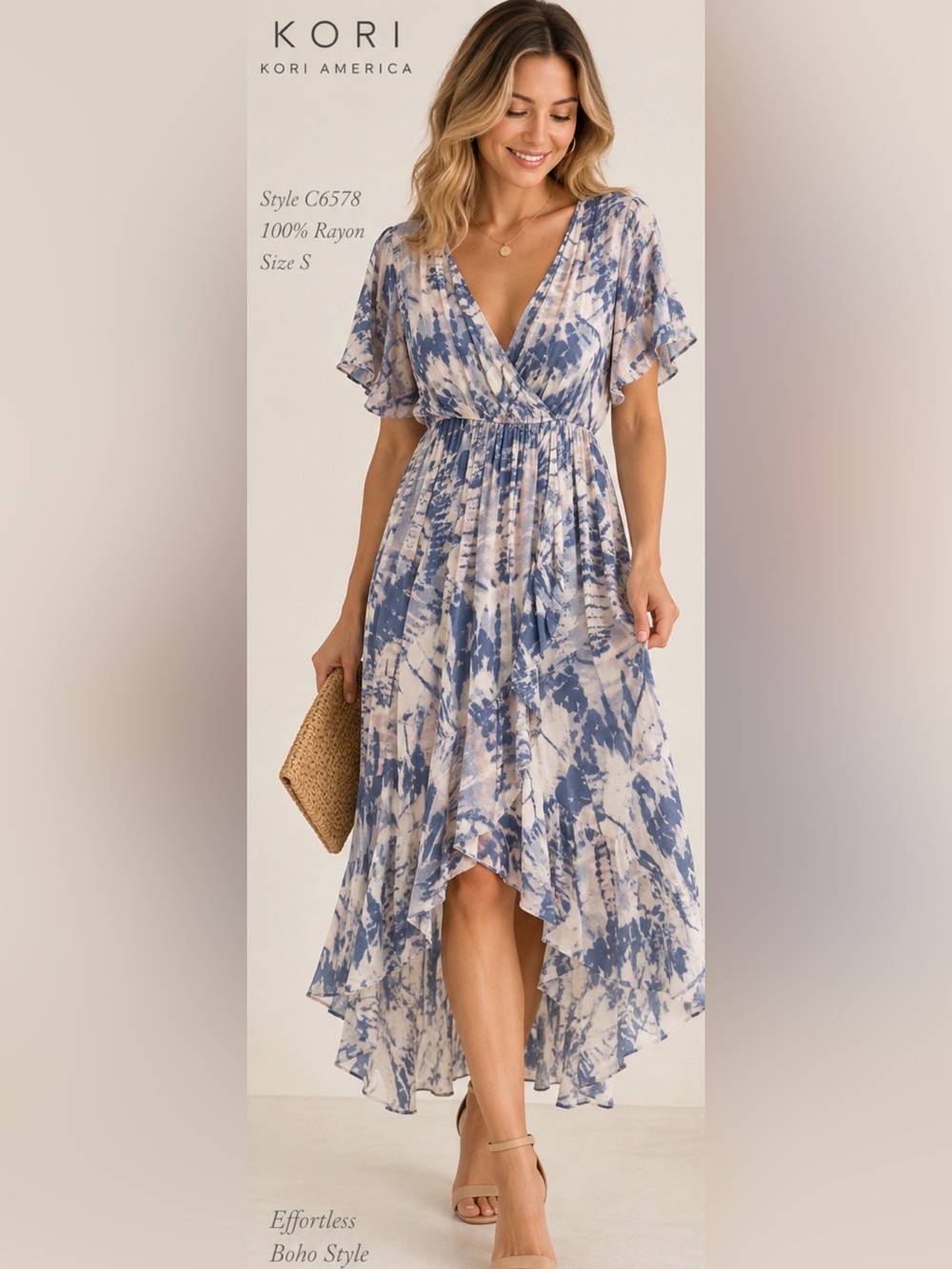 Kori Blue and Cream Tie-Dye High-Low Maxi Skirt